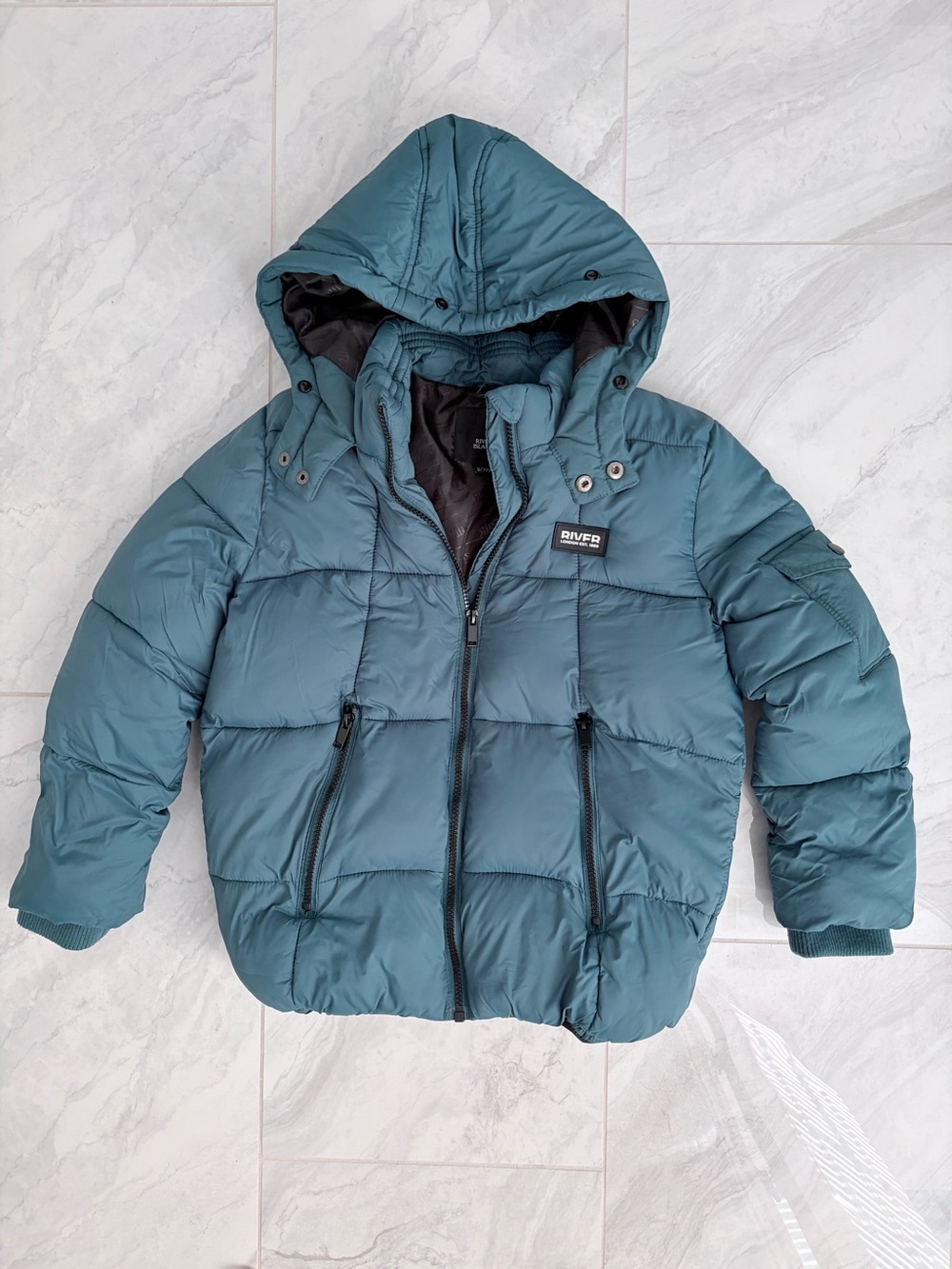 River Island Dark Green Hooded Puffer Jacket for Kids, boys 9-10